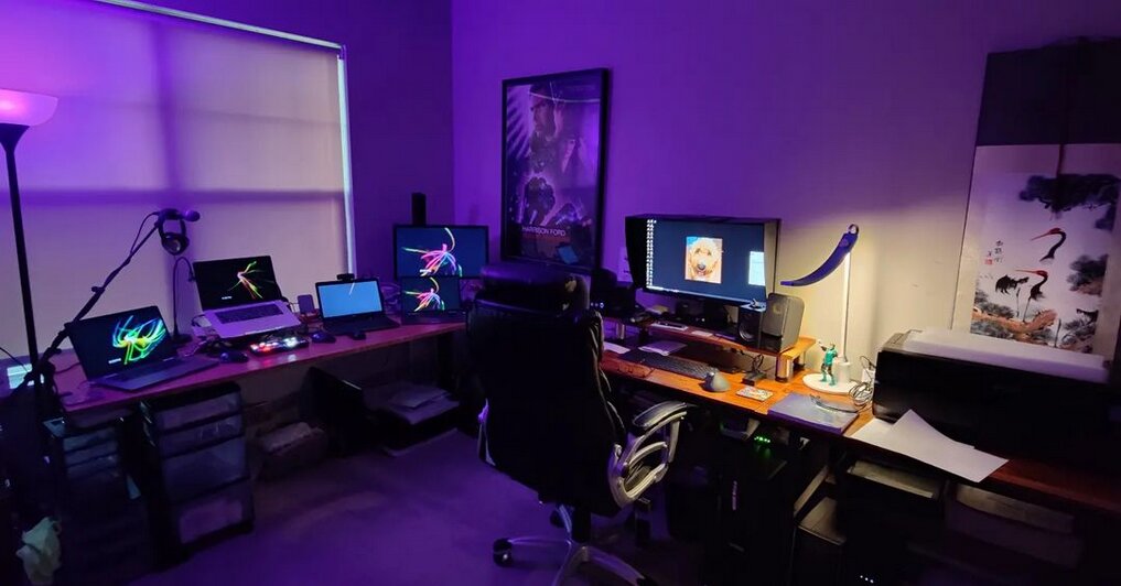 Home studio setup with multiple monitors