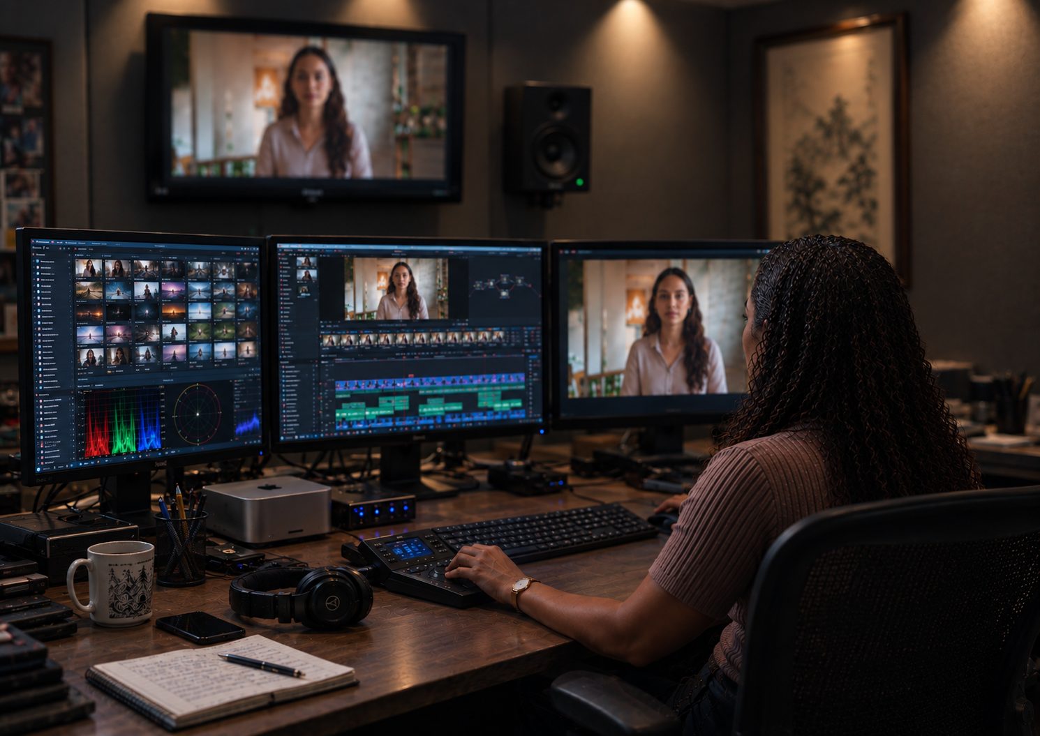 Editor color grading a video project on a multi-monitor workstation