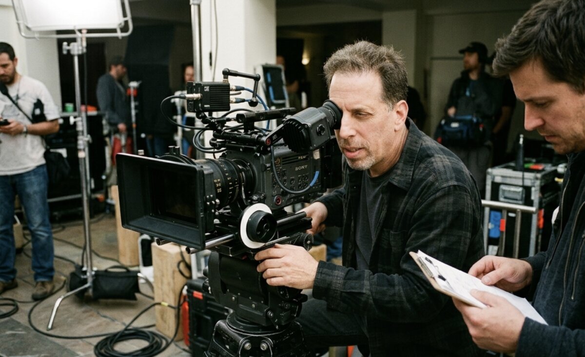 Director framing a shot through the camera eyepiece on set with crew