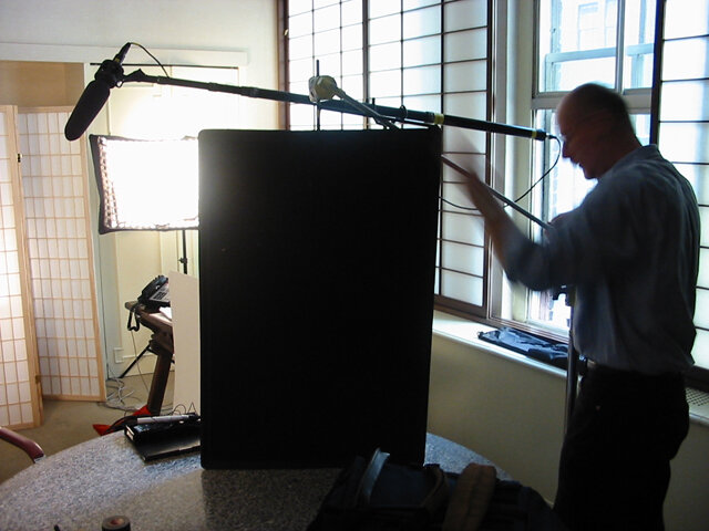 Lighting setup behind the scenes on a video production shoot